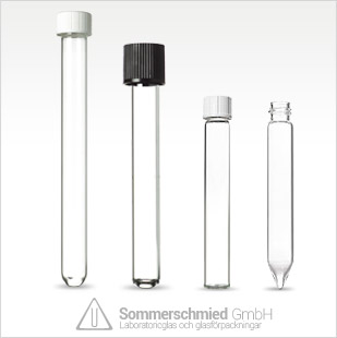 Provrör med gänga, transparent brunt glas, DIN 14 och DIN 18, skruvkorkar, förslutningar